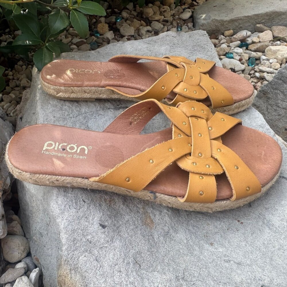 PICON Handcrafted in Spain Leather Espadrille Boho Slides Sandals Size 6.5